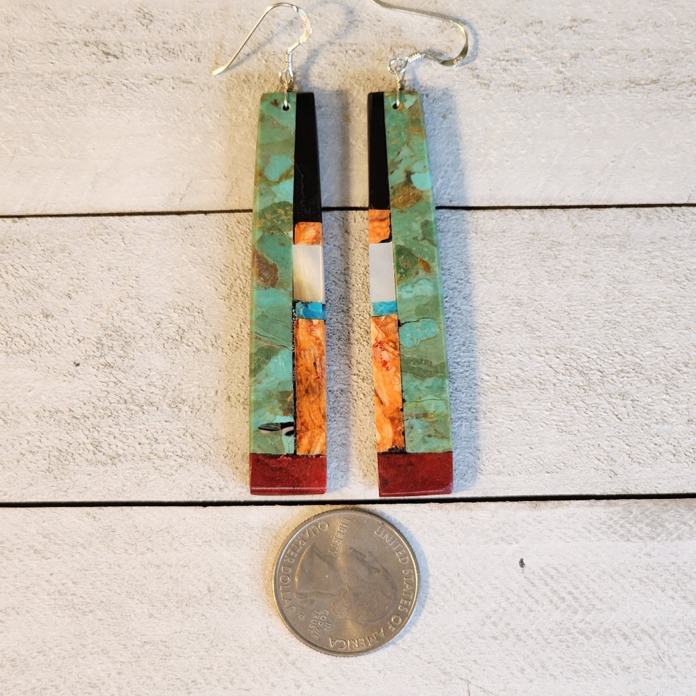Native American Multi Stone Inlay Drop Earrings - Picture 11 of 15